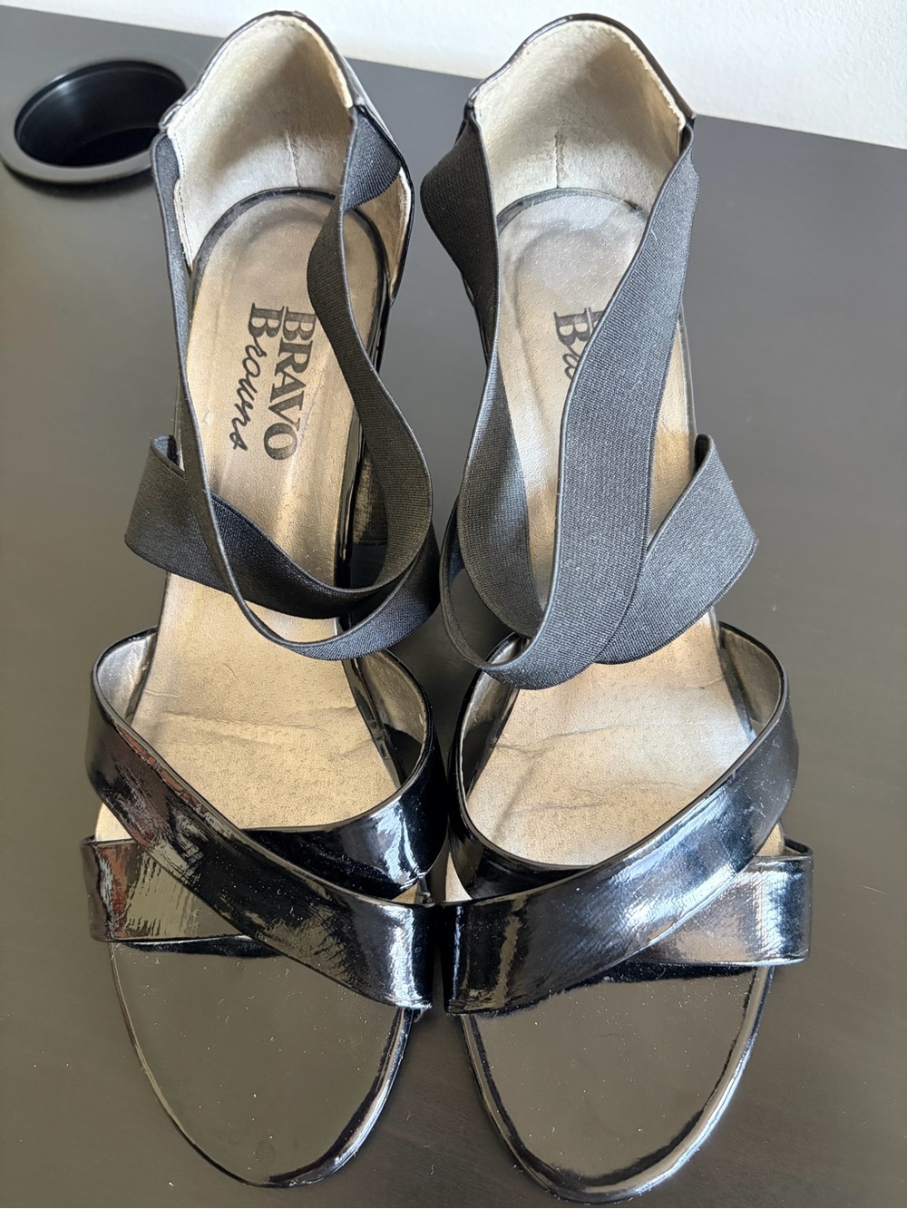 Browns Black Patent Wedge Sandals with Elastic Crossover Straps